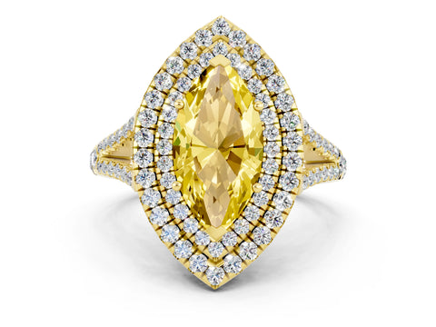 Yellow gold Marquise Cut Yellow Sapphire Double Halo Ring with Pavé Band and Prong Setting_12