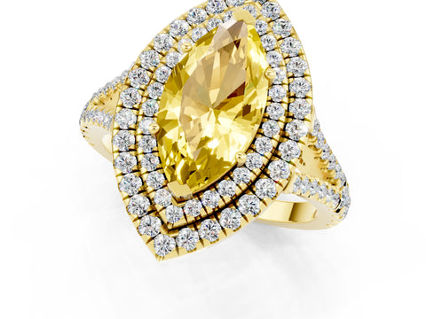 Yellow gold Marquise Cut Yellow Sapphire Double Halo Ring with Pavé Band and Prong Setting_13