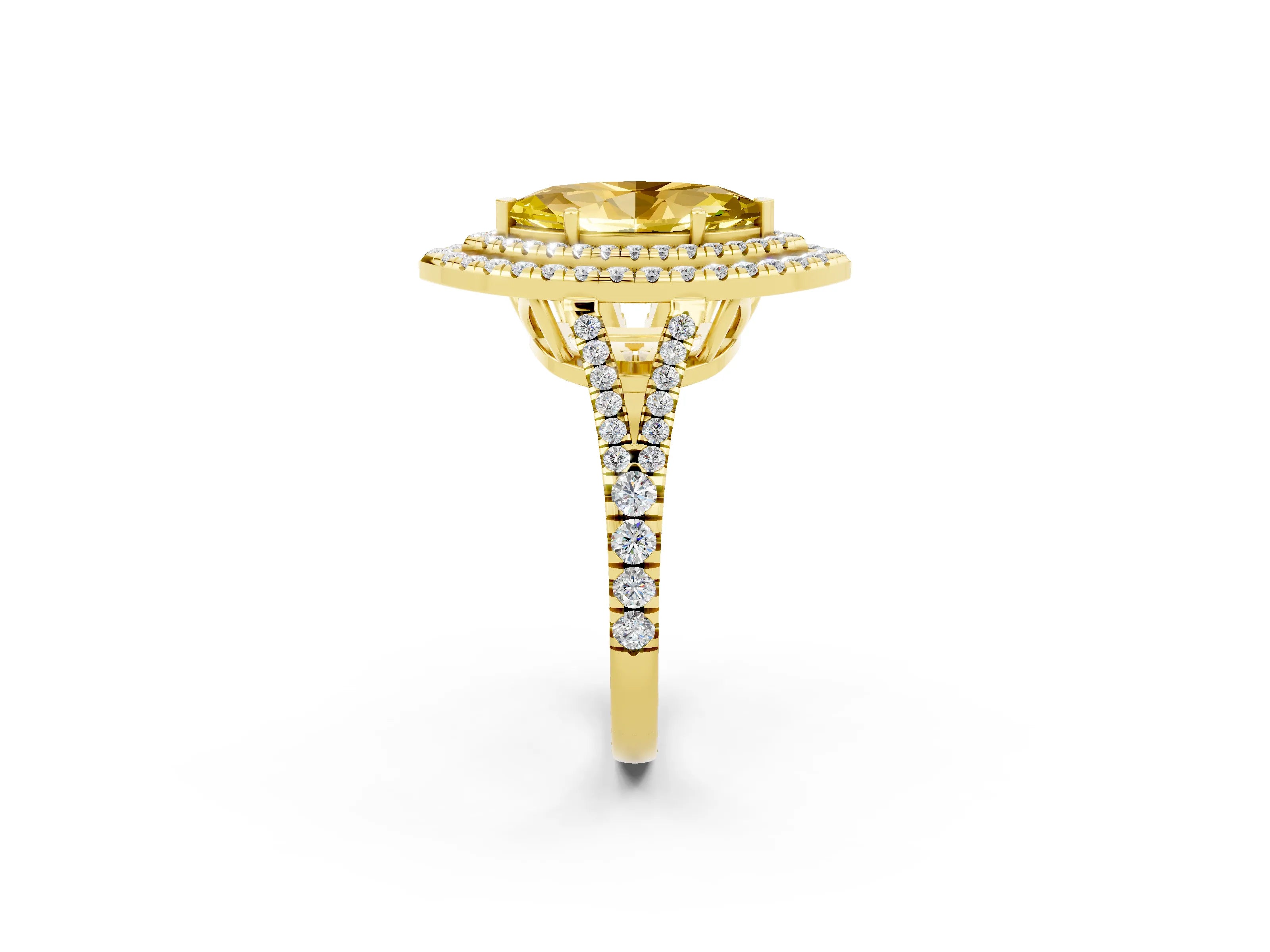 Yellow gold Marquise Cut Yellow Sapphire Double Halo Ring with Pavé Band and Prong Setting_14