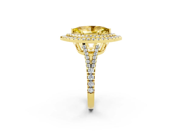 Yellow gold Marquise Cut Yellow Sapphire Double Halo Ring with Pavé Band and Prong Setting