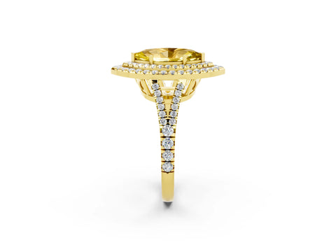 Yellow gold Marquise Cut Yellow Sapphire Double Halo Ring with Pavé Band and Prong Setting_14