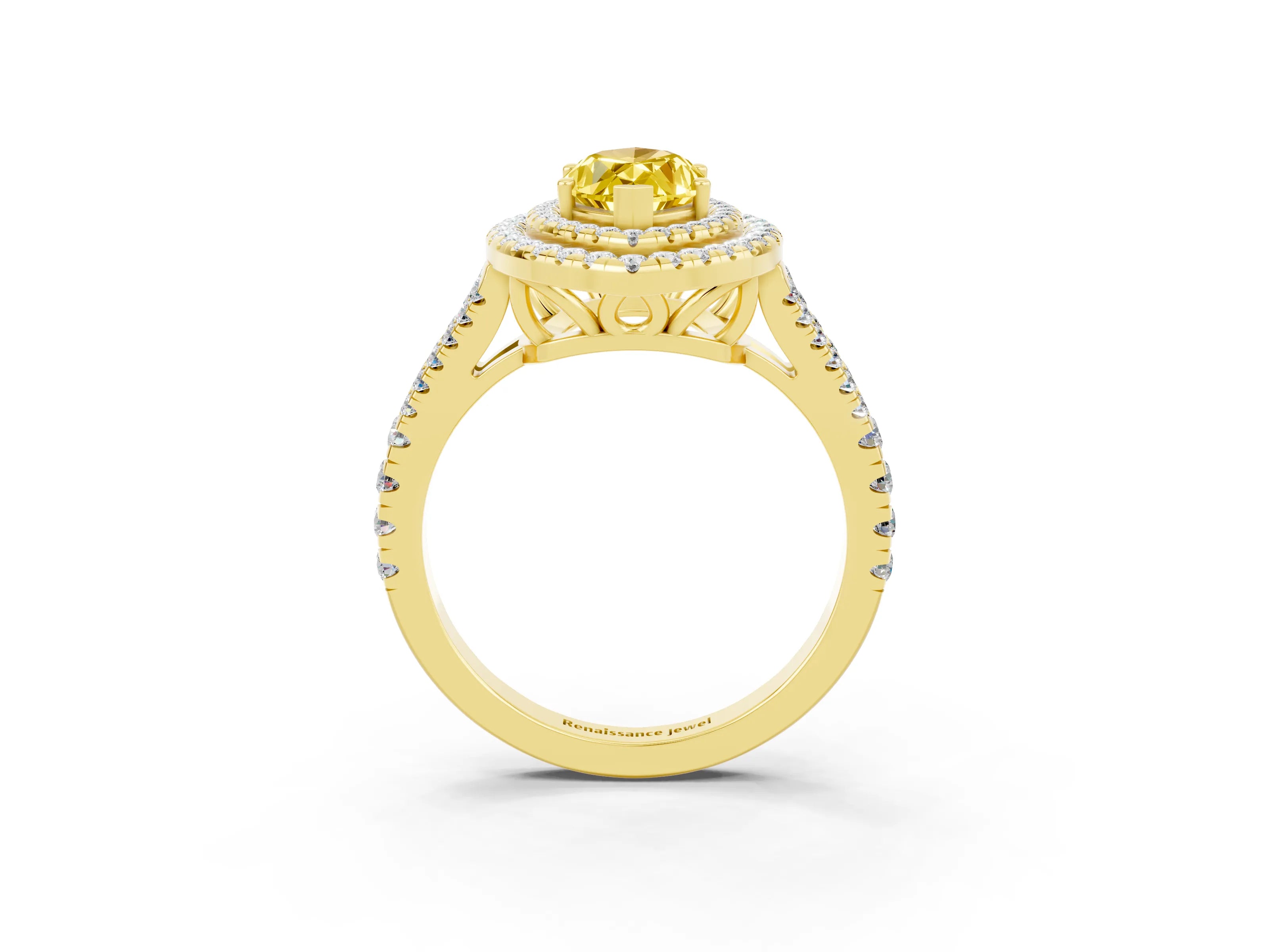 Yellow gold Marquise Cut Yellow Sapphire Double Halo Ring with Pavé Band and Prong Setting_15
