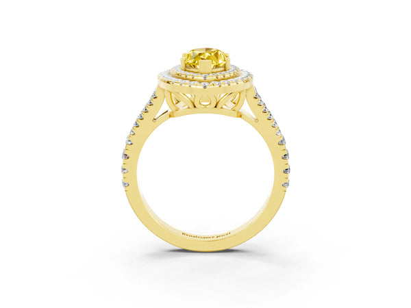 Yellow gold Marquise Cut Yellow Sapphire Double Halo Ring with Pavé Band and Prong Setting