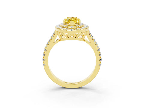Yellow gold Marquise Cut Yellow Sapphire Double Halo Ring with Pavé Band and Prong Setting_15