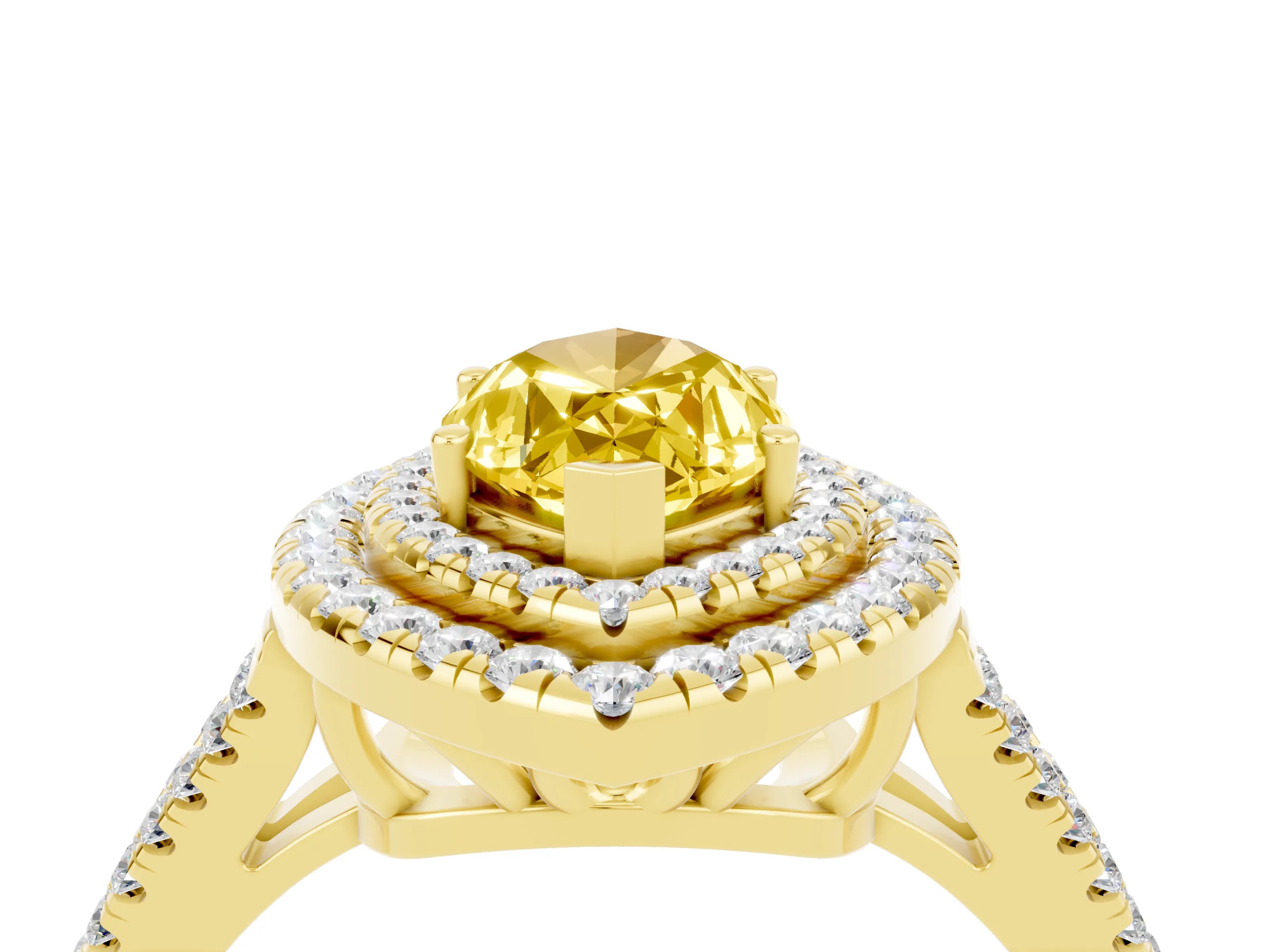 Yellow gold Marquise Cut Yellow Sapphire Double Halo Ring with Pavé Band and Prong Setting_16