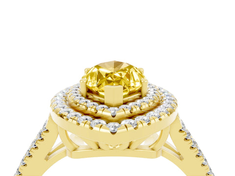 Yellow gold Marquise Cut Yellow Sapphire Double Halo Ring with Pavé Band and Prong Setting_16