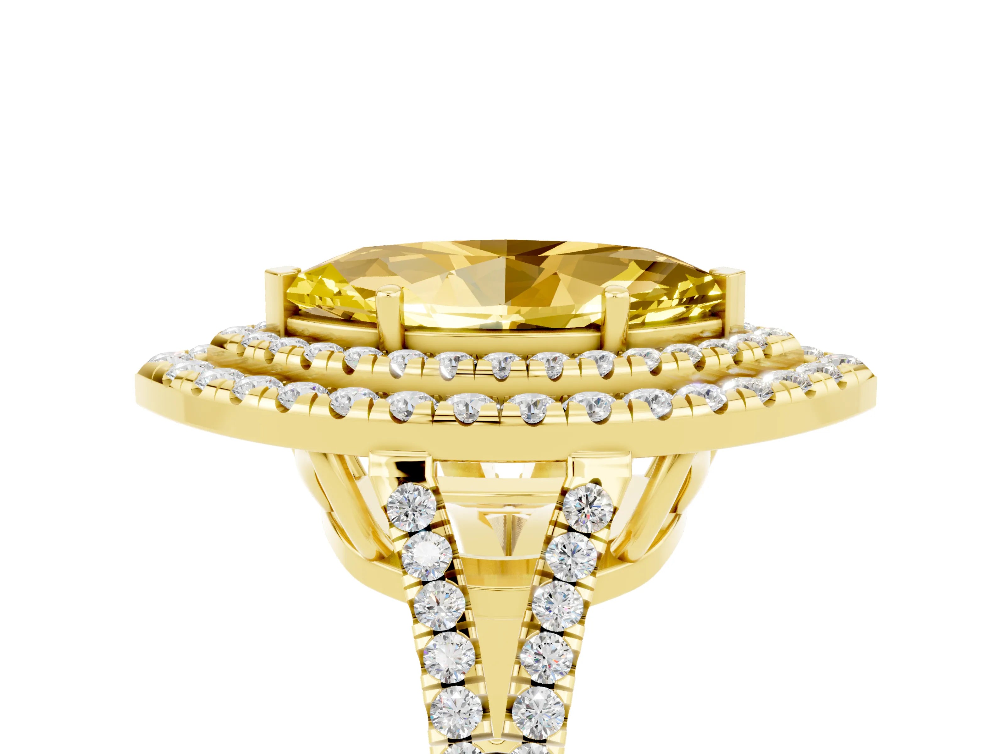 Yellow gold Marquise Cut Yellow Sapphire Double Halo Ring with Pavé Band and Prong Setting_17