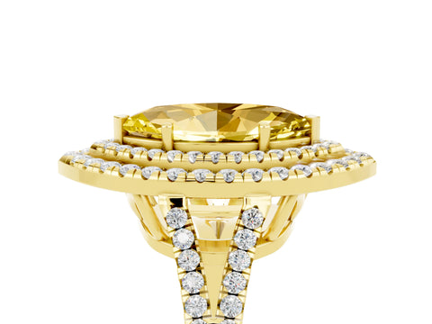 Yellow gold Marquise Cut Yellow Sapphire Double Halo Ring with Pavé Band and Prong Setting_17