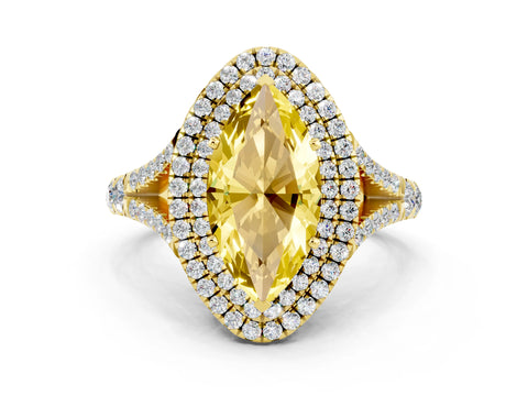 Yellow gold Marquise Cut Yellow Sapphire Double Halo Ring with Split Shank and Prong Setting_12