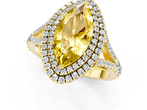 Yellow gold Marquise Cut Yellow Sapphire Double Halo Ring with Split Shank and Prong Setting_13