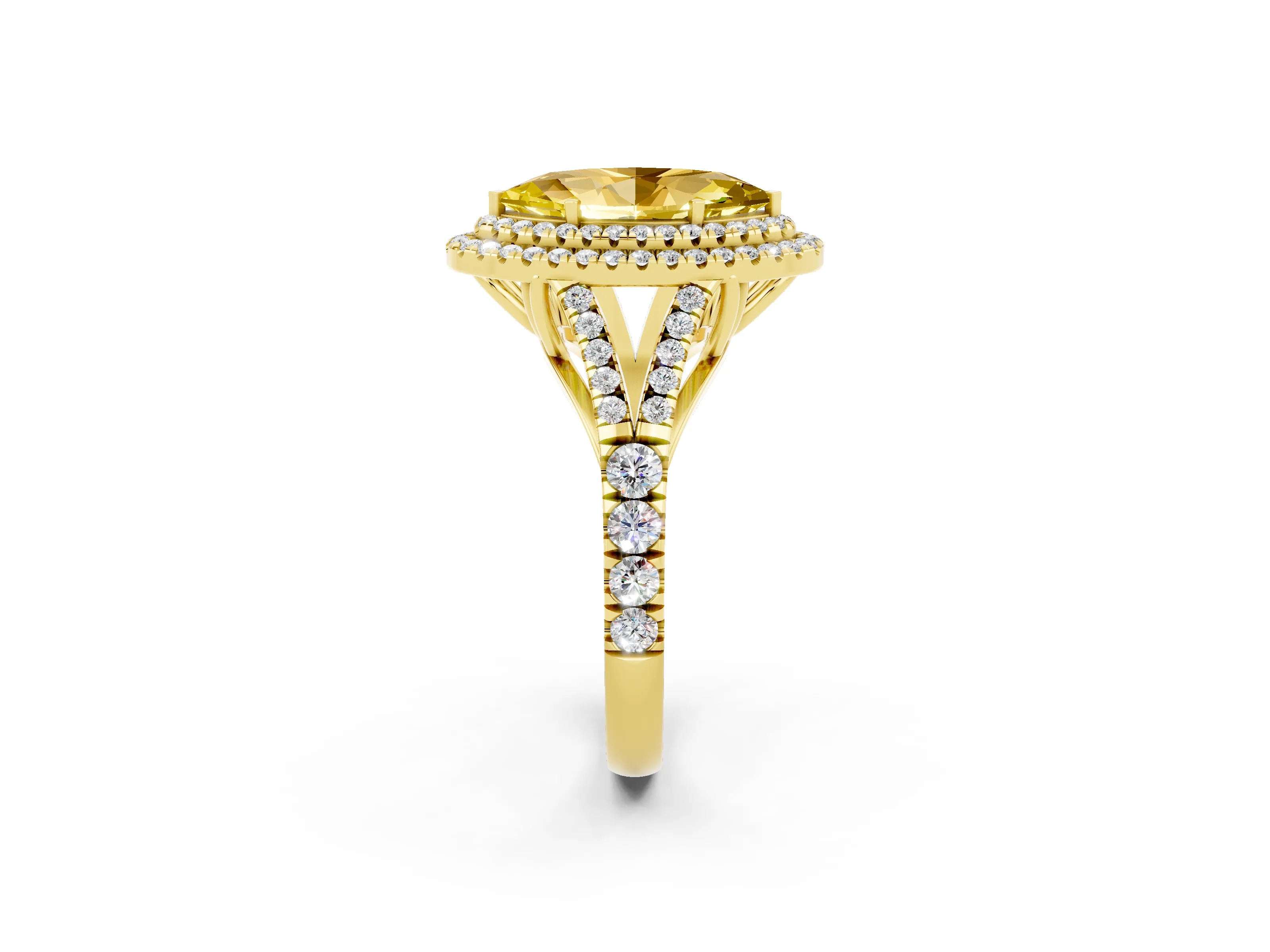 Yellow gold Marquise Cut Yellow Sapphire Double Halo Ring with Split Shank and Prong Setting_14