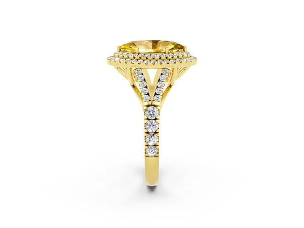 Yellow gold Marquise Cut Yellow Sapphire Double Halo Ring with Split Shank and Prong Setting