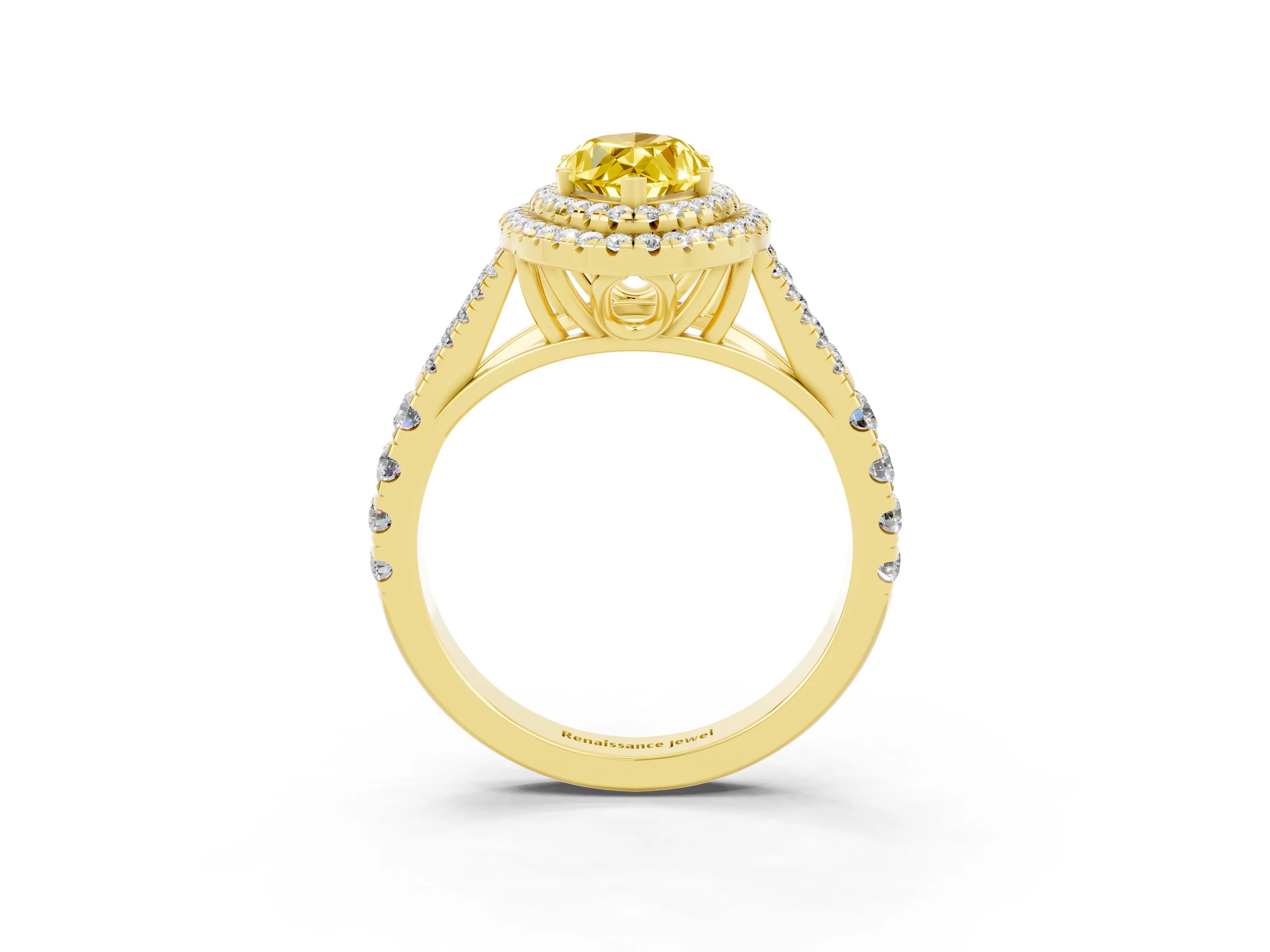 Yellow gold Marquise Cut Yellow Sapphire Double Halo Ring with Split Shank and Prong Setting_15