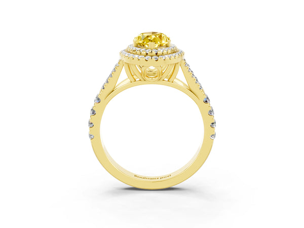 Yellow gold Marquise Cut Yellow Sapphire Double Halo Ring with Split Shank and Prong Setting