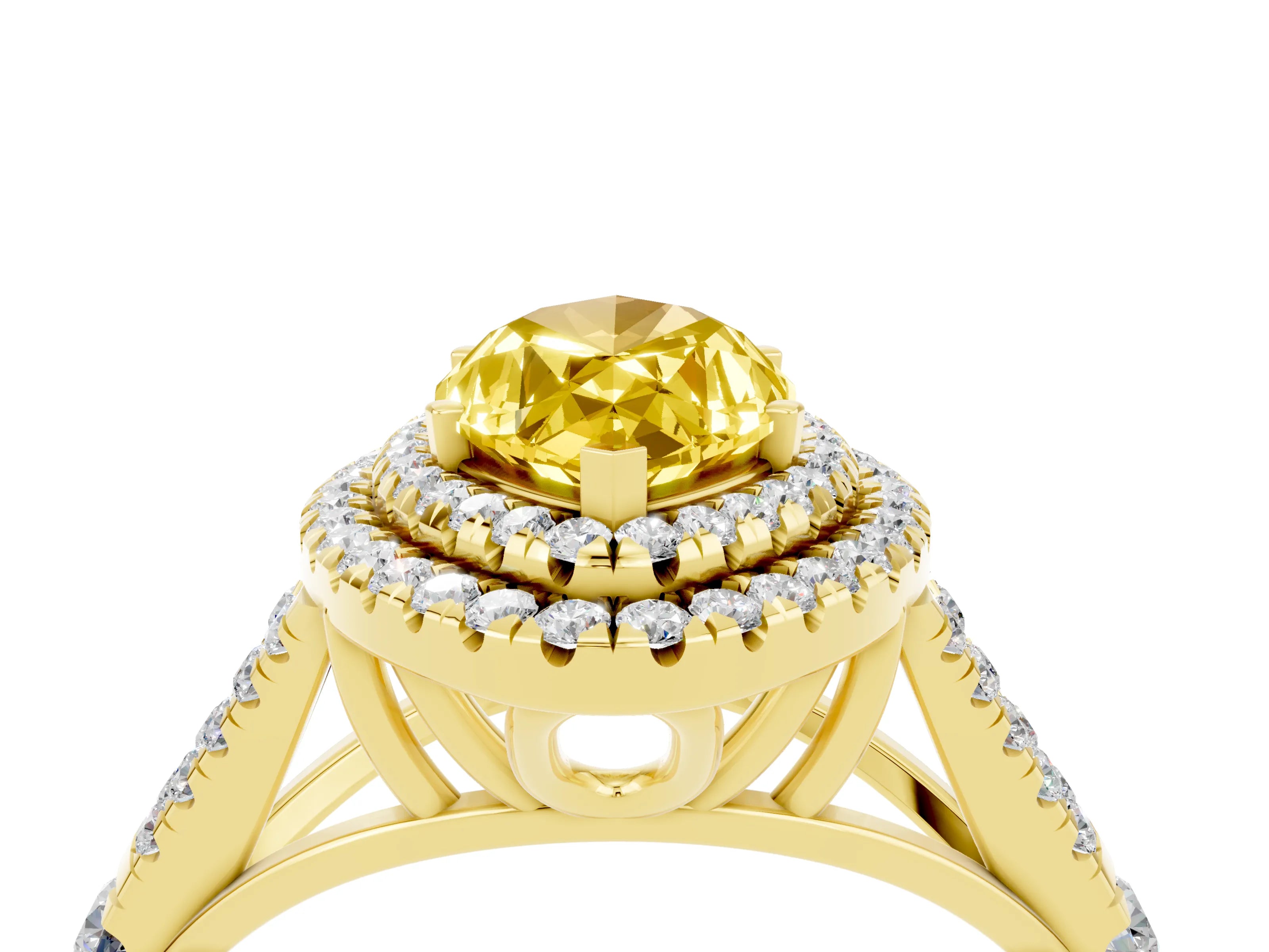 Yellow gold Marquise Cut Yellow Sapphire Double Halo Ring with Split Shank and Prong Setting_16