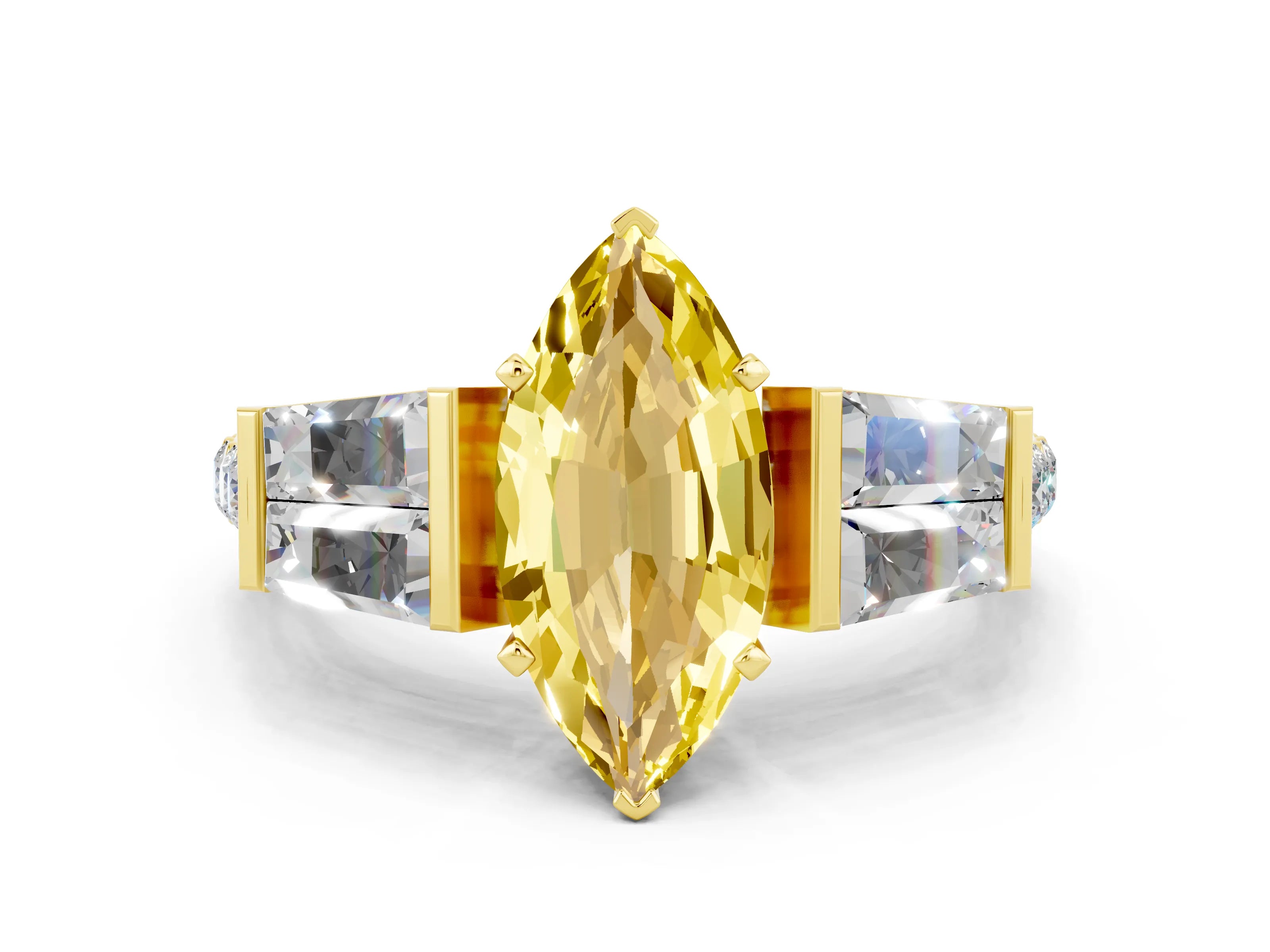 Yellow gold Marquise Cut Yellow Sapphire Engagement Ring with Baguette Side Stones and Channel Set Band