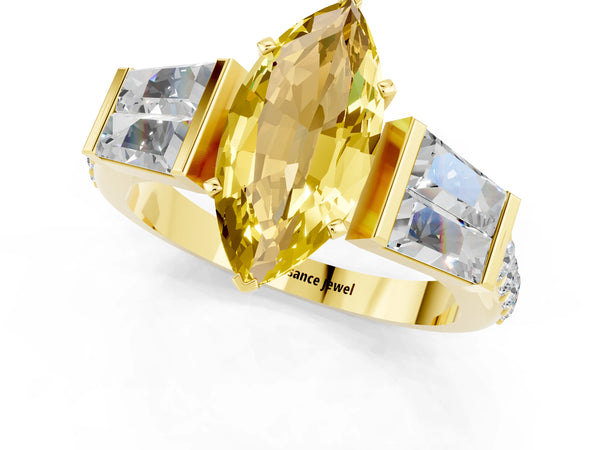 Yellow gold Marquise Cut Yellow Sapphire Engagement Ring with Baguette Side Stones and Channel Set Band