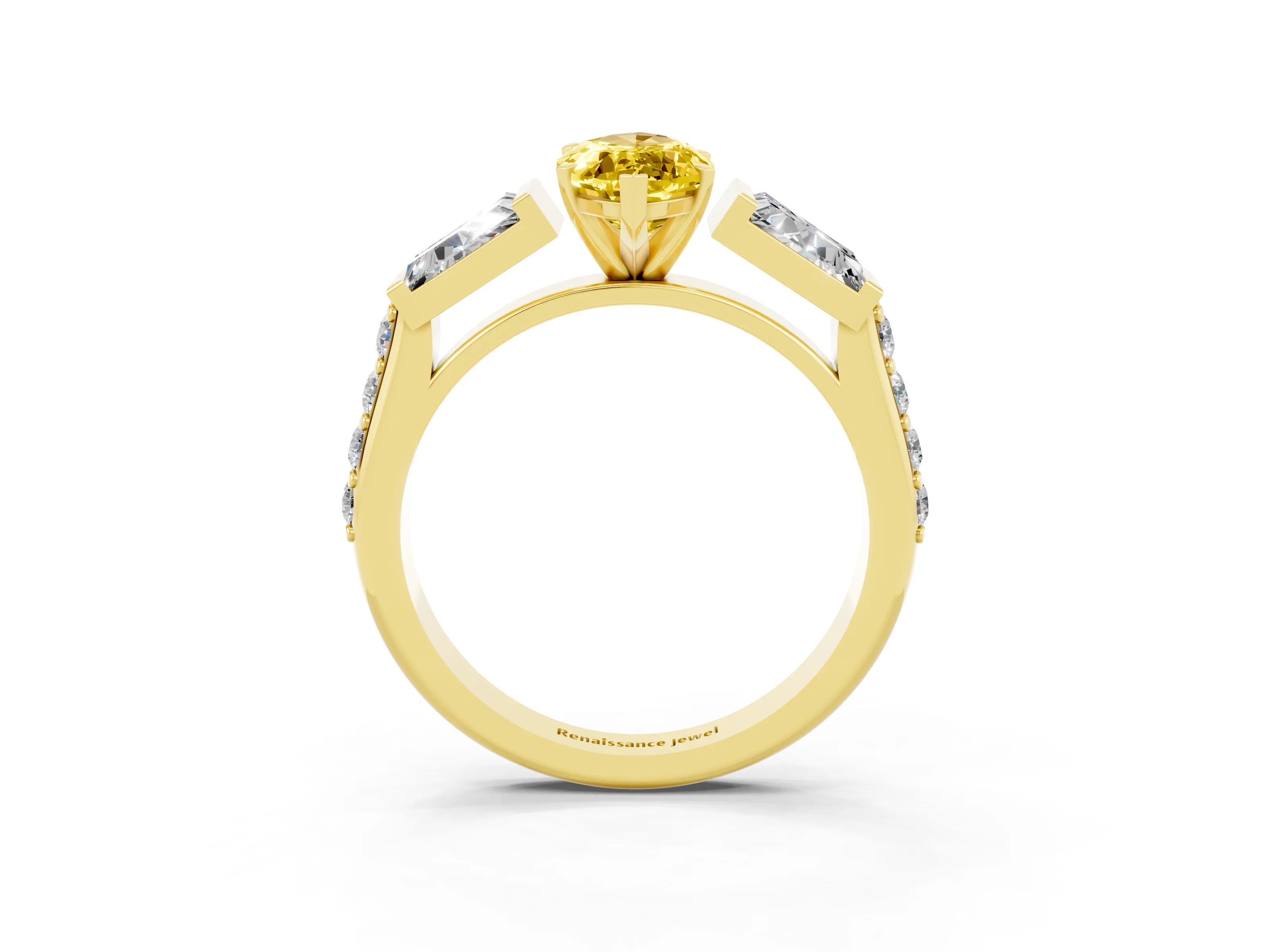 Yellow gold Marquise Cut Yellow Sapphire Engagement Ring with Baguette Side Stones and Channel Set Band_3