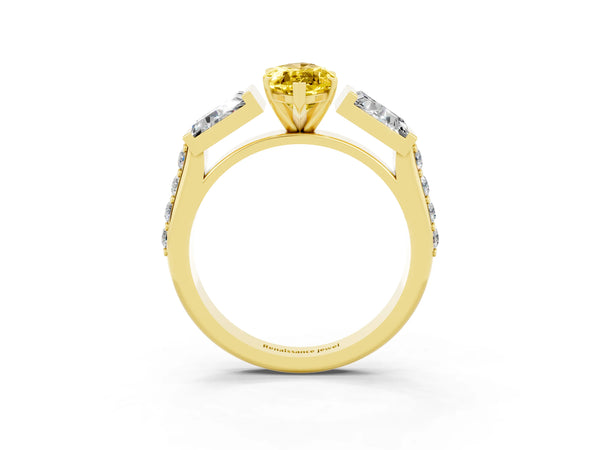 Yellow gold Marquise Cut Yellow Sapphire Engagement Ring with Baguette Side Stones and Channel Set Band