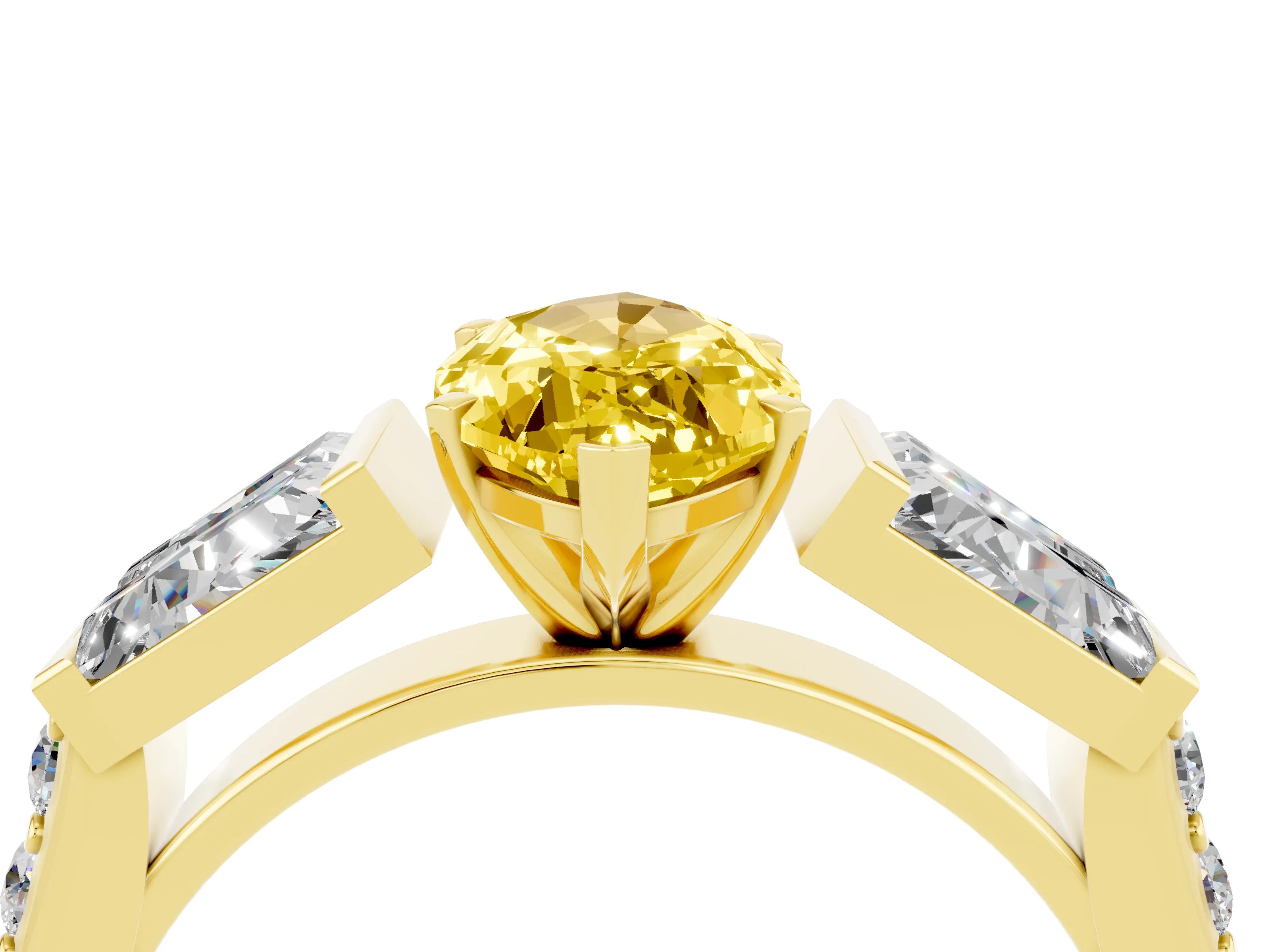 Yellow gold Marquise Cut Yellow Sapphire Engagement Ring with Baguette Side Stones and Channel Set Band_4