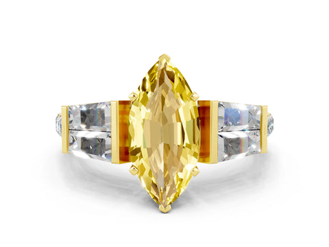 Yellow gold Marquise Cut Yellow Sapphire Engagement Ring with Baguette Side Stones and Channel Set Band