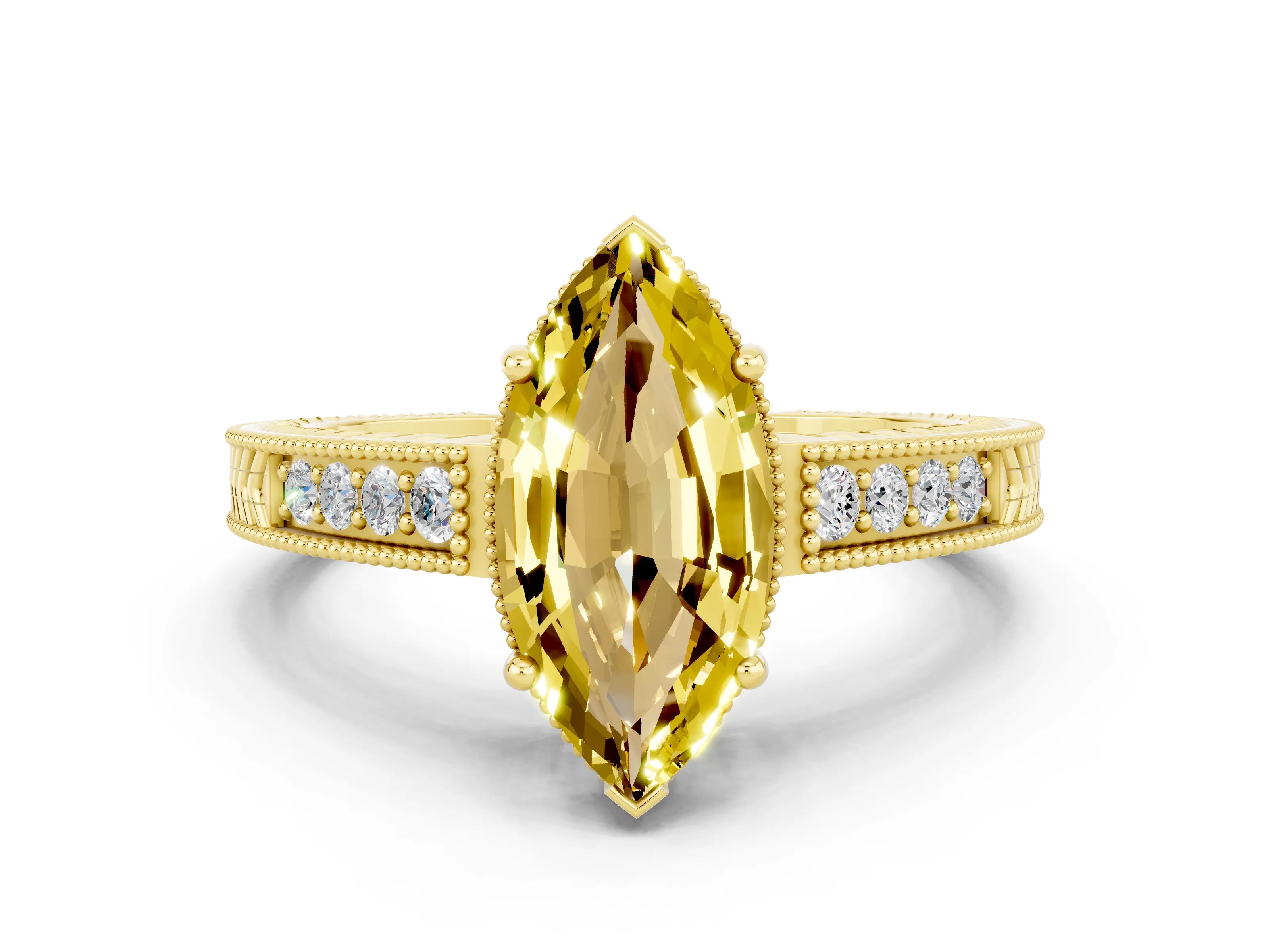 Yellow gold Marquise Cut Yellow Sapphire Engagement Ring with Milgrain Channel Set Band and Prong Setting_24