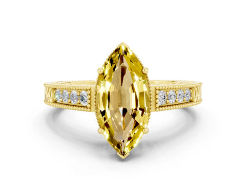 Yellow gold Marquise Cut Yellow Sapphire Engagement Ring with Milgrain Channel Set Band and Prong Setting_24