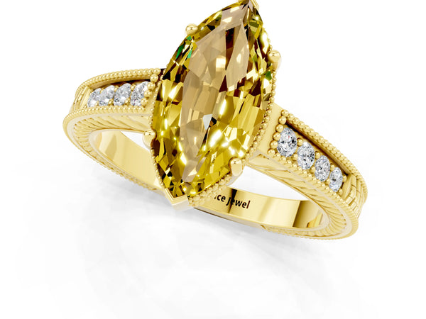 Yellow gold Marquise Cut Yellow Sapphire Engagement Ring with Milgrain Channel Set Band and Prong Setting
