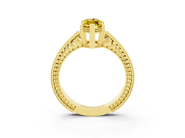 Yellow gold Marquise Cut Yellow Sapphire Engagement Ring with Milgrain Channel Set Band and Prong Setting