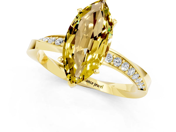 Yellow gold Marquise Cut Yellow Sapphire Engagement Ring with Side Stone Accents and Four-Prong Setting
