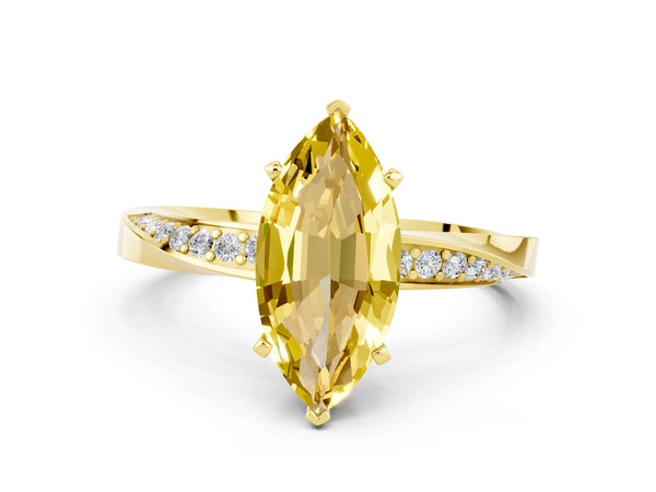 Yellow gold Marquise Cut Yellow Sapphire Engagement Ring with Side Stone Accents and Four-Prong Setting
