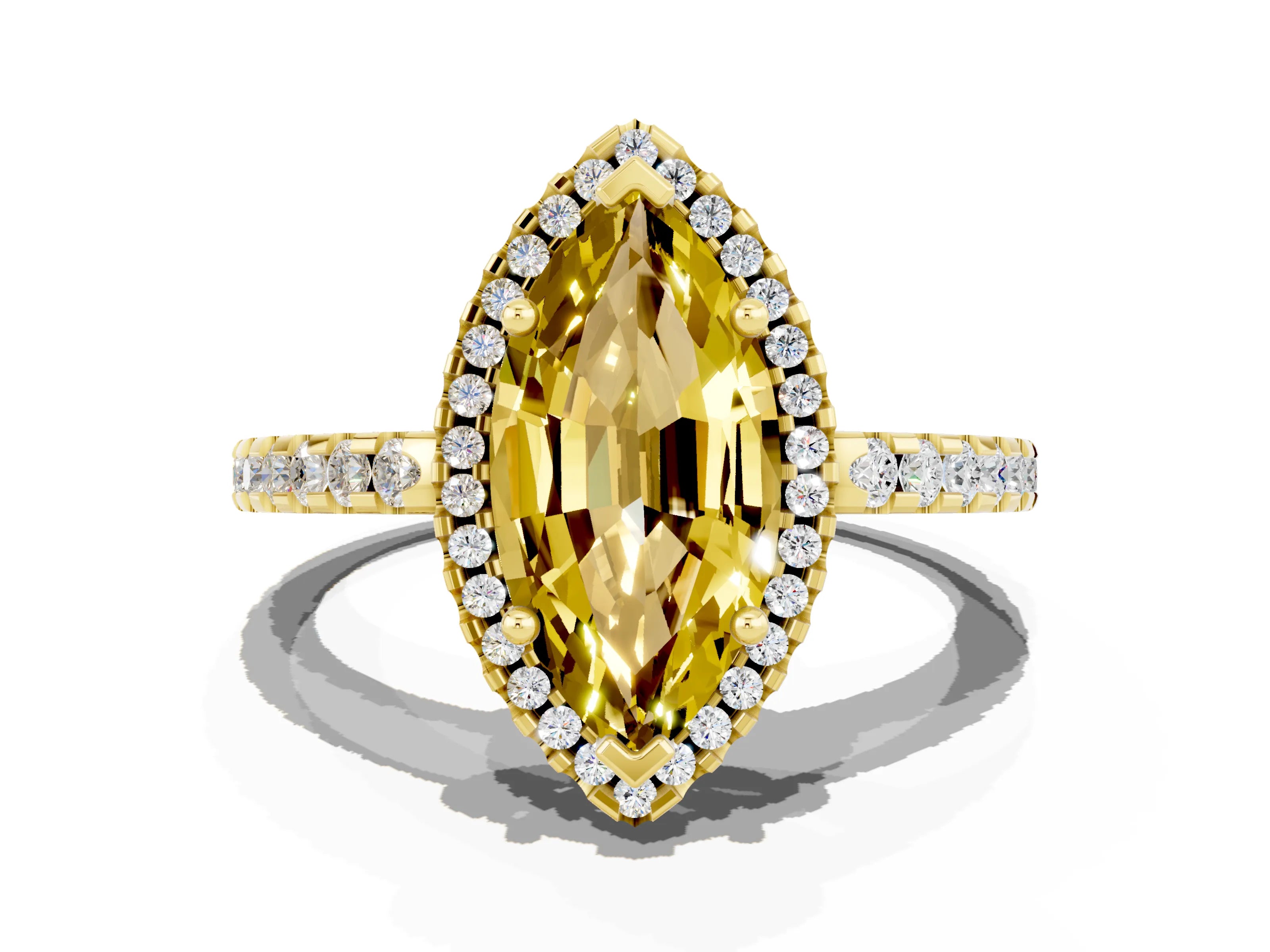 Yellow gold Marquise Cut Yellow Sapphire Halo Engagement Ring with Pavé Band and Prong Setting_12