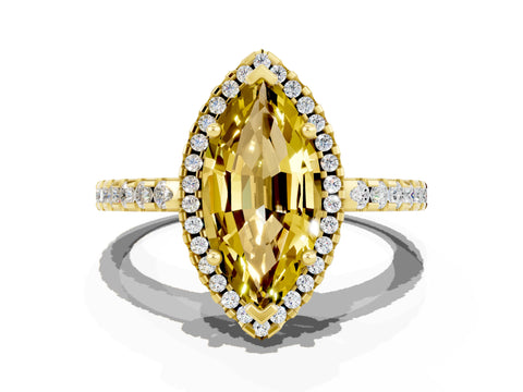 Yellow gold Marquise Cut Yellow Sapphire Halo Engagement Ring with Pavé Band and Prong Setting_12