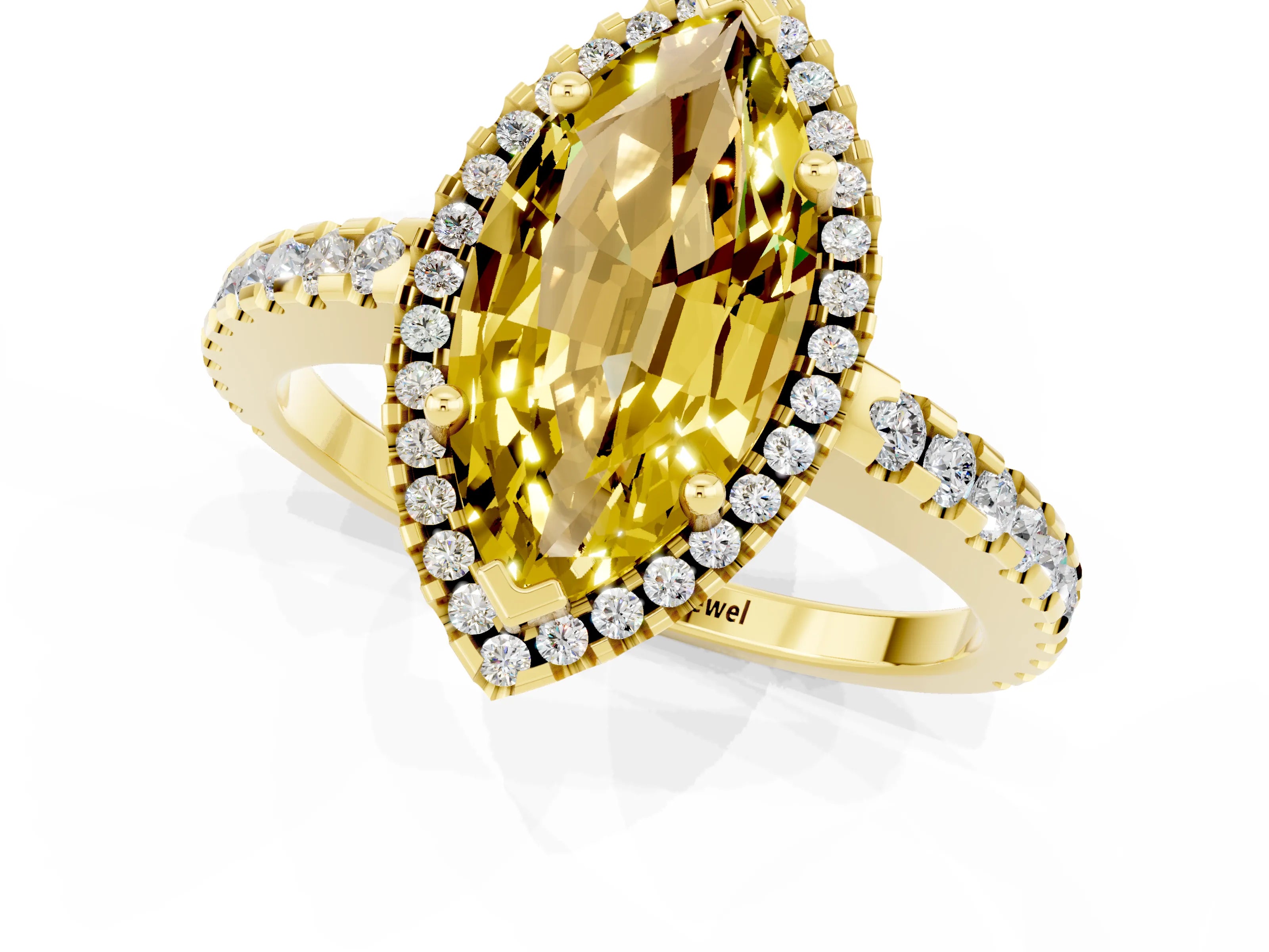Yellow gold Marquise Cut Yellow Sapphire Halo Engagement Ring with Pavé Band and Prong Setting_13