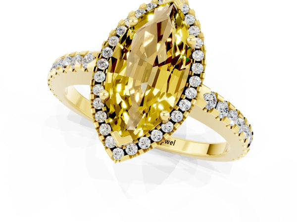 Yellow gold Marquise Cut Yellow Sapphire Halo Engagement Ring with Pavé Band and Prong Setting