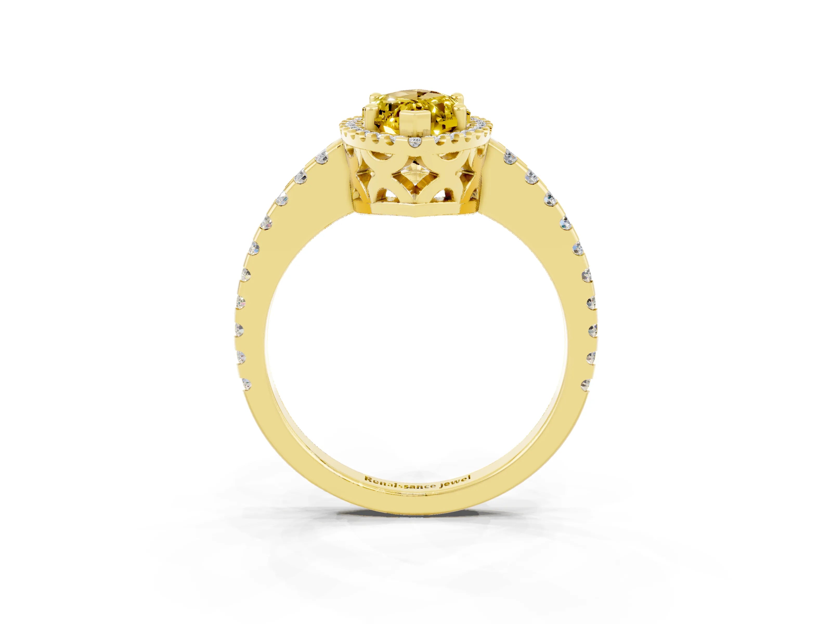 Yellow gold Marquise Cut Yellow Sapphire Halo Engagement Ring with Pavé Band and Prong Setting_15