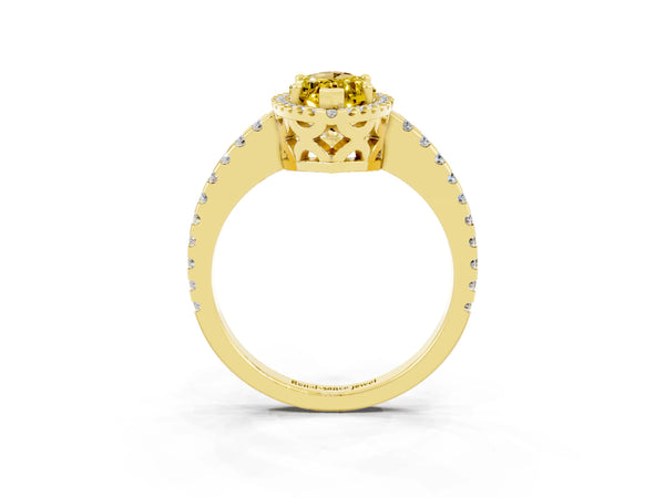 Yellow gold Marquise Cut Yellow Sapphire Halo Engagement Ring with Pavé Band and Prong Setting