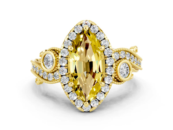 Yellow gold Marquise Cut Yellow Sapphire Halo Ring with Milgrain Pavé Band and Four-Prong Setting