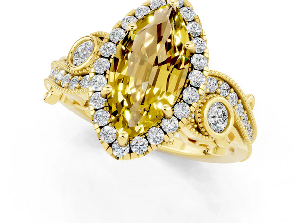 Yellow gold Marquise Cut Yellow Sapphire Halo Ring with Milgrain Pavé Band and Four-Prong Setting