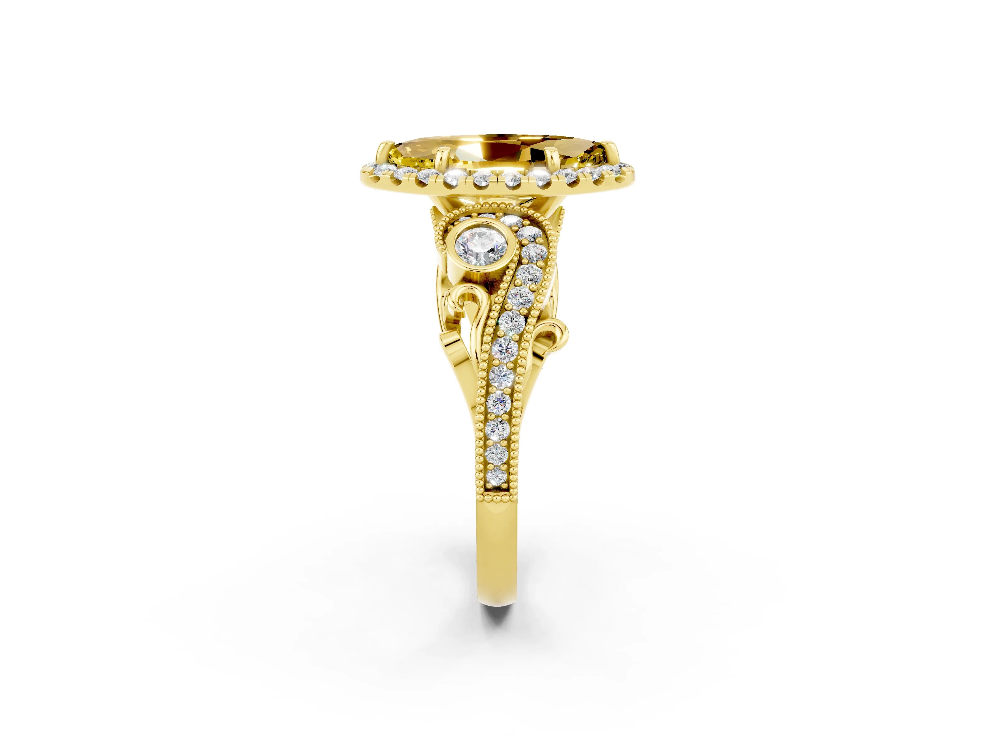 Yellow gold Marquise Cut Yellow Sapphire Halo Ring with Milgrain Pavé Band and Four-Prong Setting_14