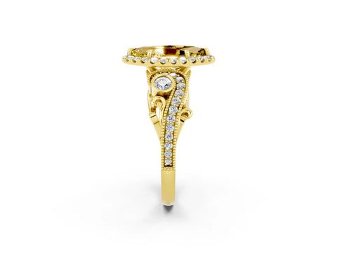 Yellow gold Marquise Cut Yellow Sapphire Halo Ring with Milgrain Pavé Band and Four-Prong Setting_14
