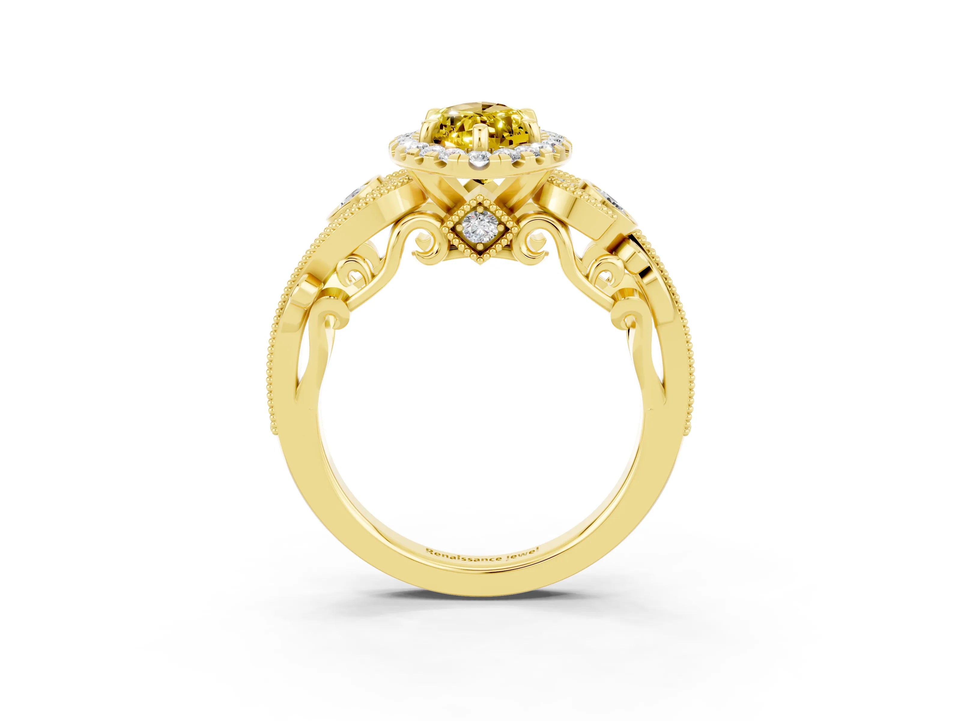 Yellow gold Marquise Cut Yellow Sapphire Halo Ring with Milgrain Pavé Band and Four-Prong Setting_15
