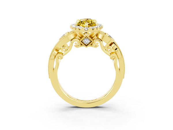Yellow gold Marquise Cut Yellow Sapphire Halo Ring with Milgrain Pavé Band and Four-Prong Setting