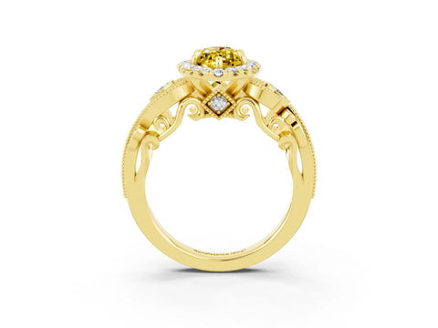 Yellow gold Marquise Cut Yellow Sapphire Halo Ring with Milgrain Pavé Band and Four-Prong Setting_15