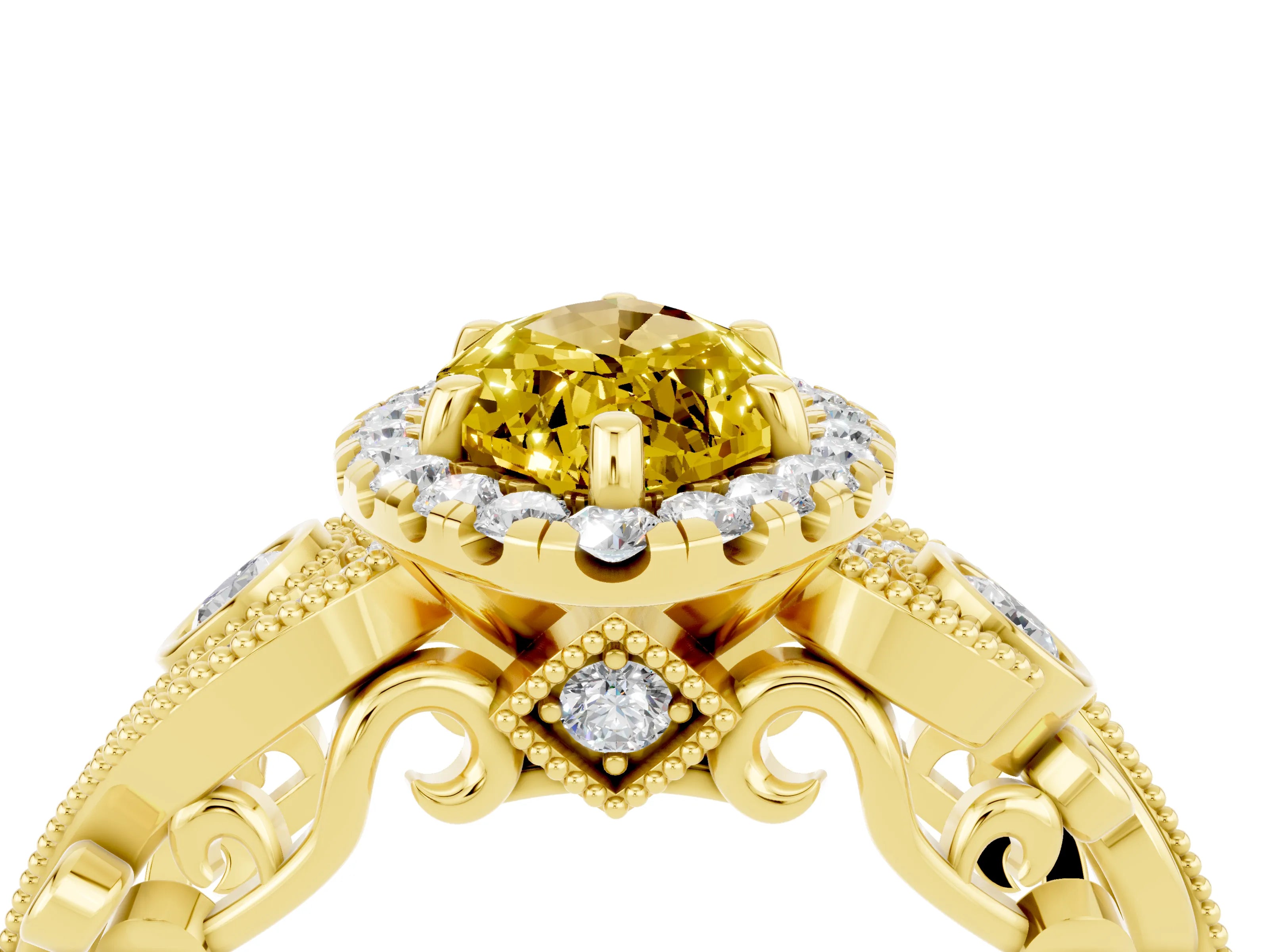 Yellow gold Marquise Cut Yellow Sapphire Halo Ring with Milgrain Pavé Band and Four-Prong Setting_16