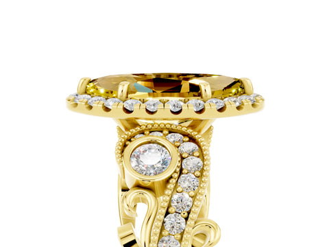 Yellow gold Marquise Cut Yellow Sapphire Halo Ring with Milgrain Pavé Band and Four-Prong Setting_17