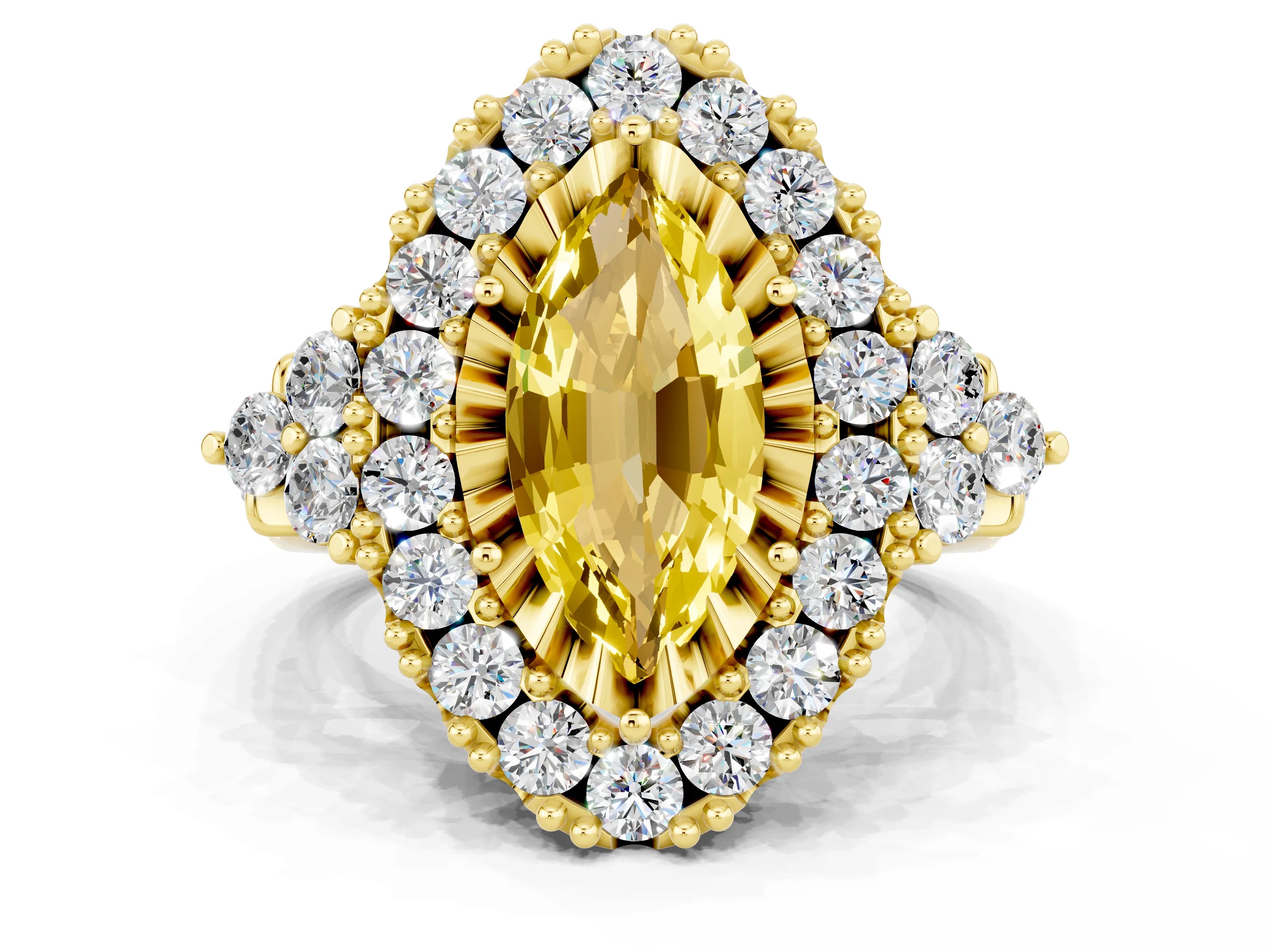 Yellow gold Marquise Cut Yellow Sapphire Halo Ring with Pavé Band and Four-Prong Setting_12