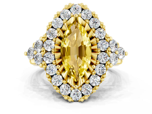 Yellow gold Marquise Cut Yellow Sapphire Halo Ring with Pavé Band and Four-Prong Setting