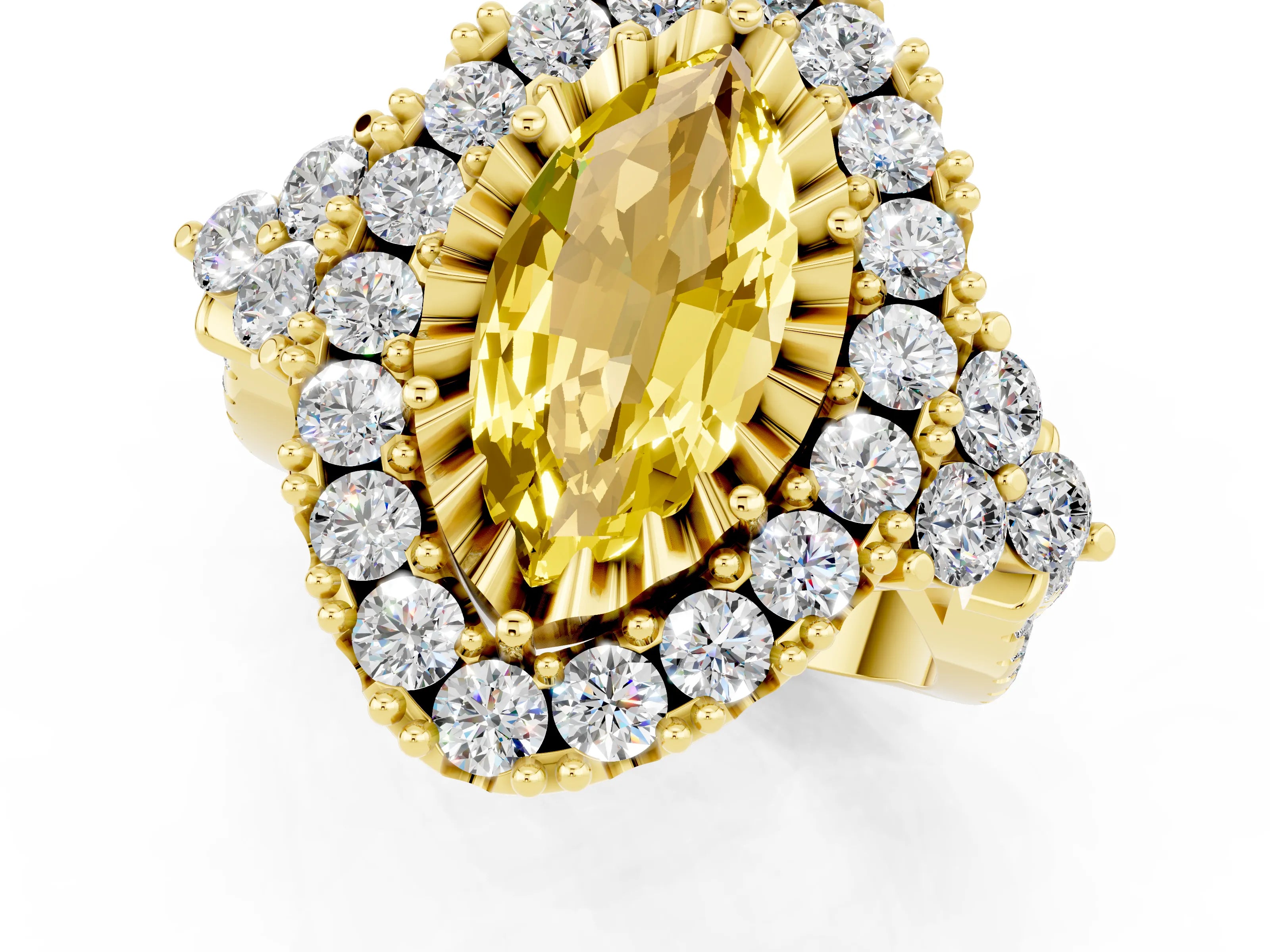 Yellow gold Marquise Cut Yellow Sapphire Halo Ring with Pavé Band and Four-Prong Setting_13
