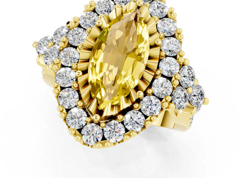 Yellow gold Marquise Cut Yellow Sapphire Halo Ring with Pavé Band and Four-Prong Setting_13